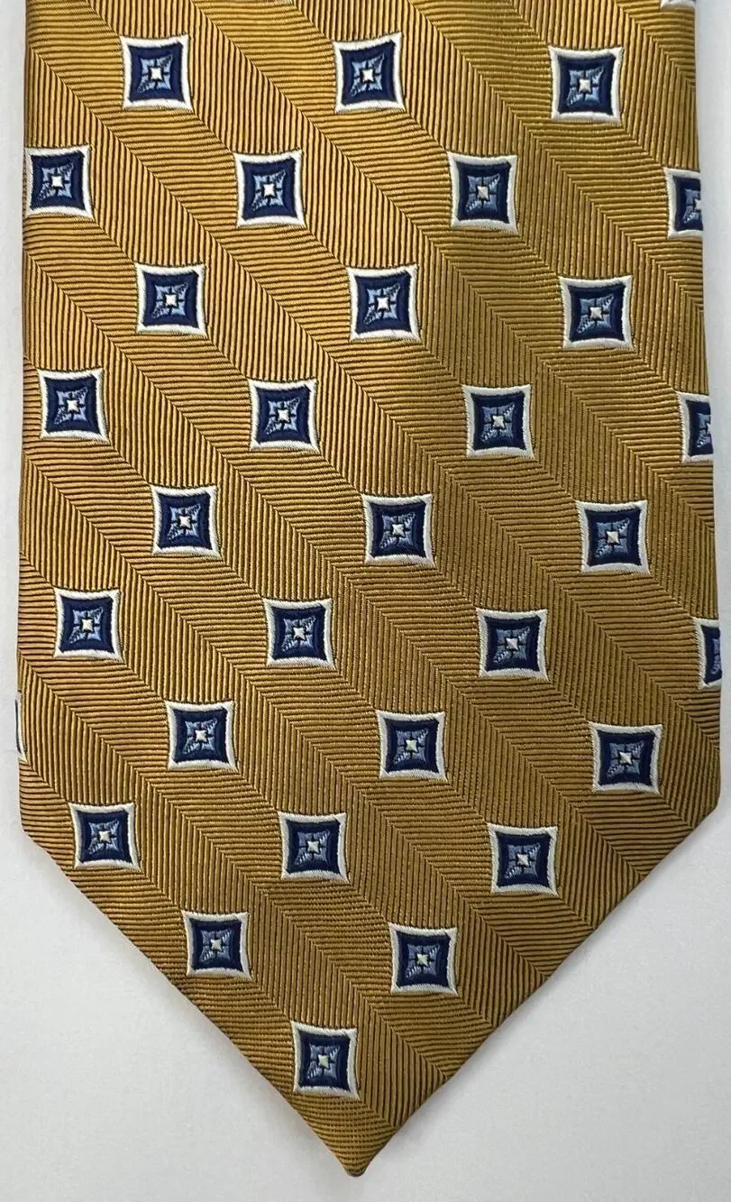Jos A Bank 100% Silk Tie Gold Blue Geometric Herringbone Classic